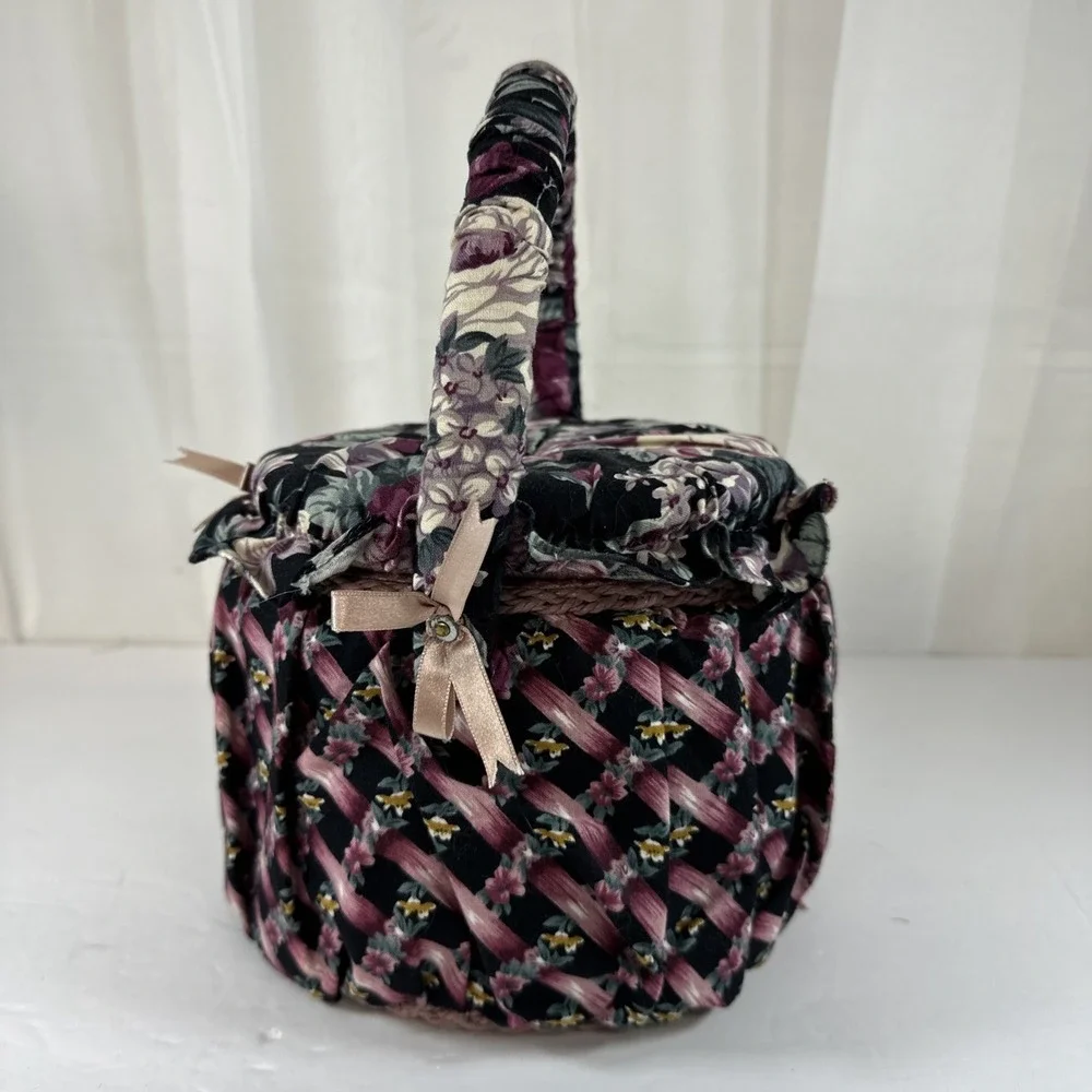 Vintage Fabric Sewing Box With Handle Floral Storage Black Purple Pink Green